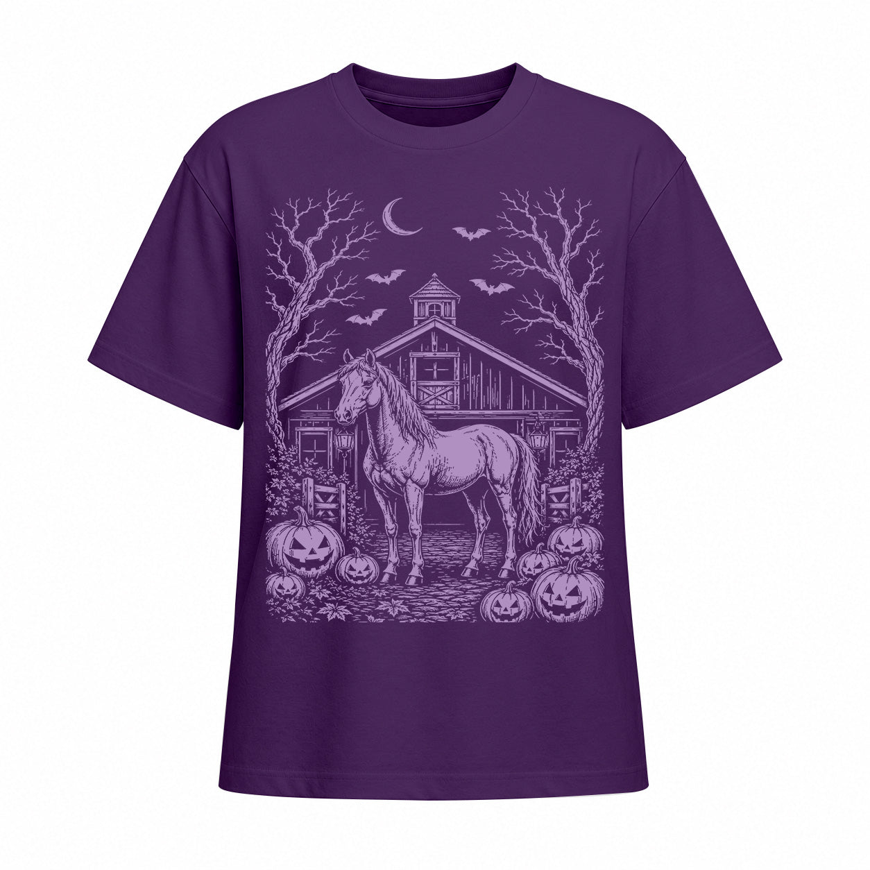 Purple short sleeve t shirt displaying light lavender Halloween horse barn pumpkin front graphic