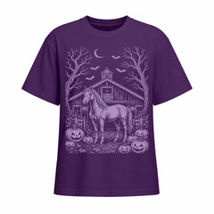 Purple short sleeve t shirt displaying light lavender Halloween horse barn pumpkin front graphic