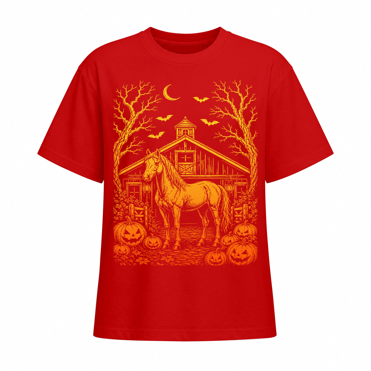 Red short sleeve t shirt displaying orange and yellow Halloween horse barn pumpkin front graphic