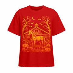 Red short sleeve t shirt displaying orange and yellow Halloween horse barn pumpkin front graphic