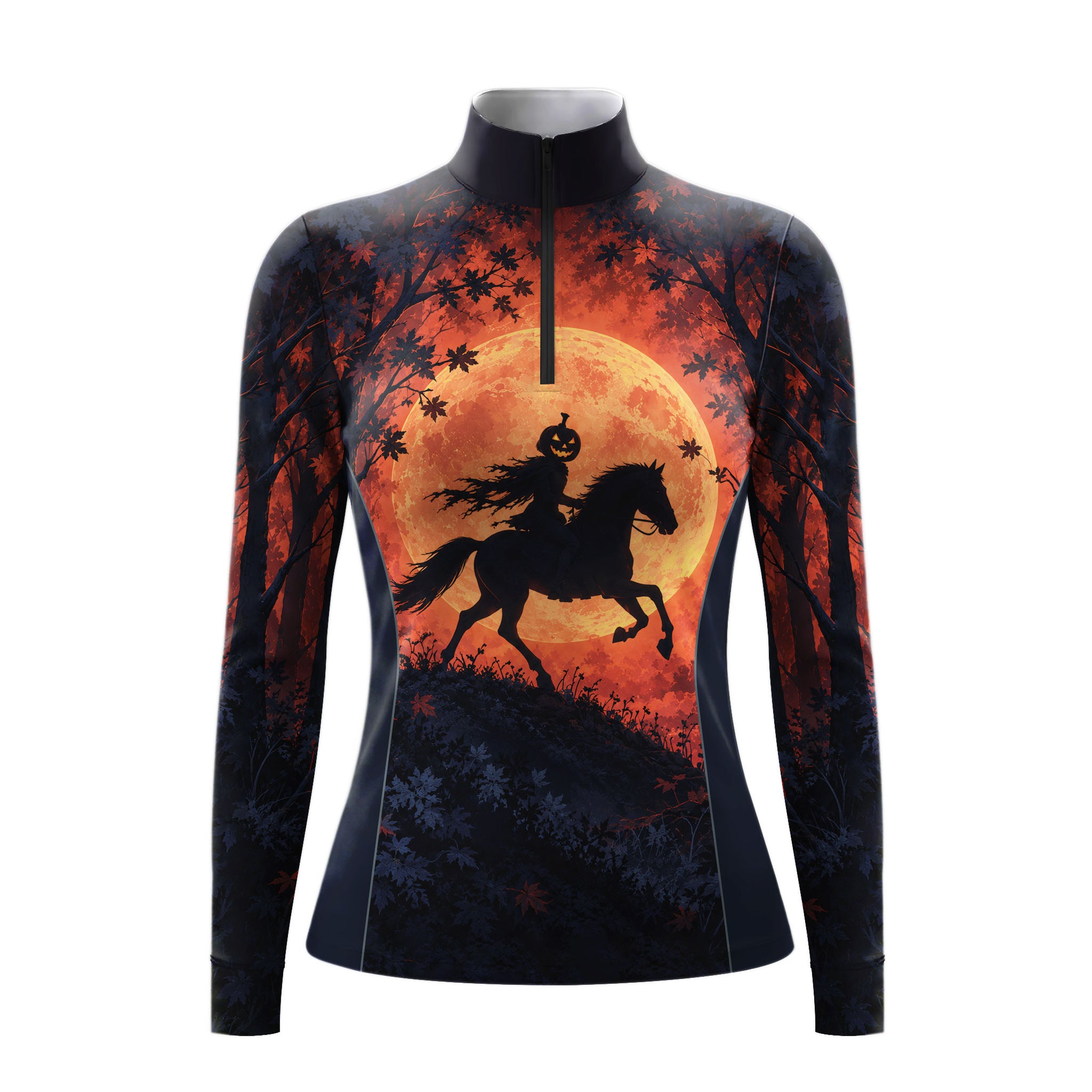 Studio front view of the black long sleeve quarter zip riding top showing full front print