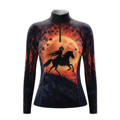 Studio front view of the black long sleeve quarter zip riding top showing full front print