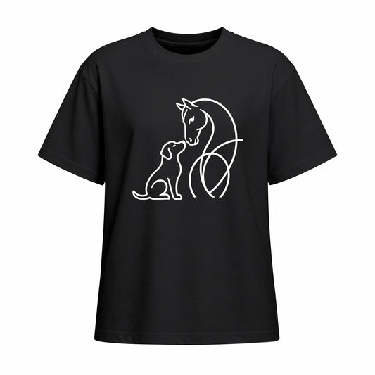 Studio front view of black short sleeve t shirt with white horse and dog line art graphic on the chest