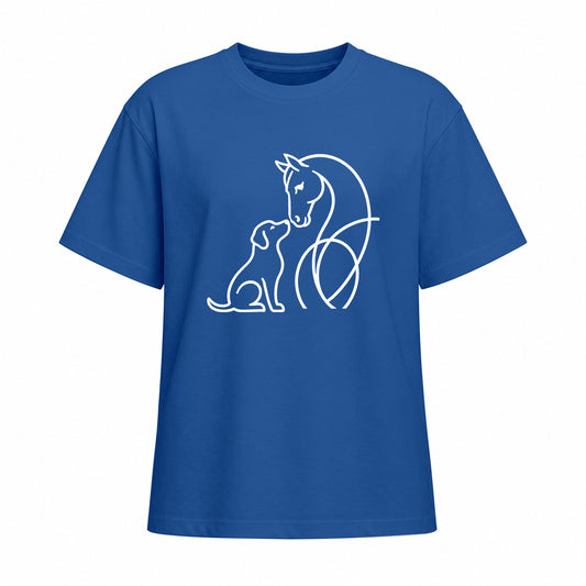 Studio front view of blue short sleeve t shirt with white horse and dog line art graphic on the chest