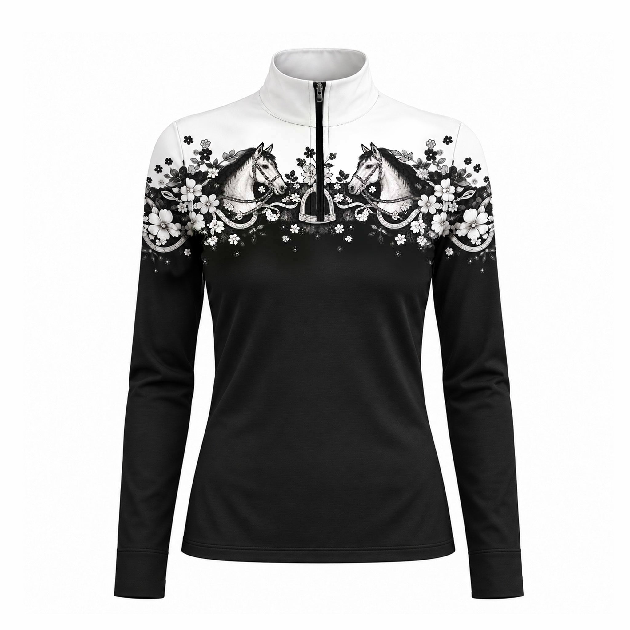 Full front studio view of the black long sleeve quarter zip riding top on plain white background