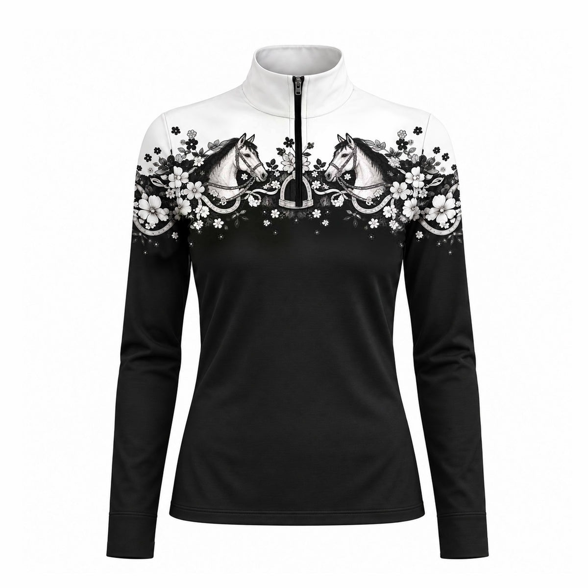 Full front studio view of the black long sleeve quarter zip riding top on plain white background