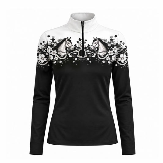 Full front studio view of the black long sleeve quarter zip riding top on plain white background