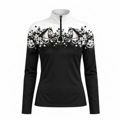 Full front studio view of the black long sleeve quarter zip riding top on plain white background