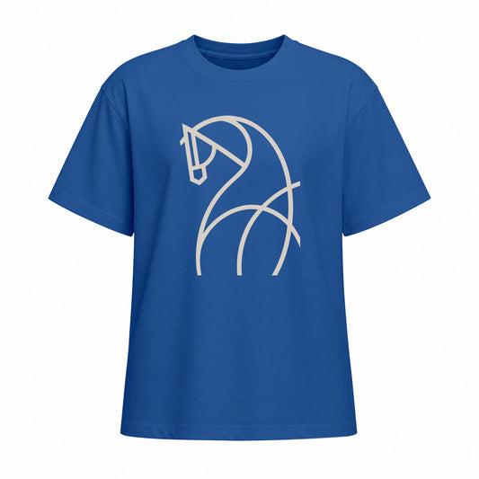 Front view of bright blue short sleeve t shirt with light beige line art horse chest graphic
