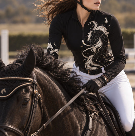 Rider wearing the top while mounted on a black horse in an outdoor arena