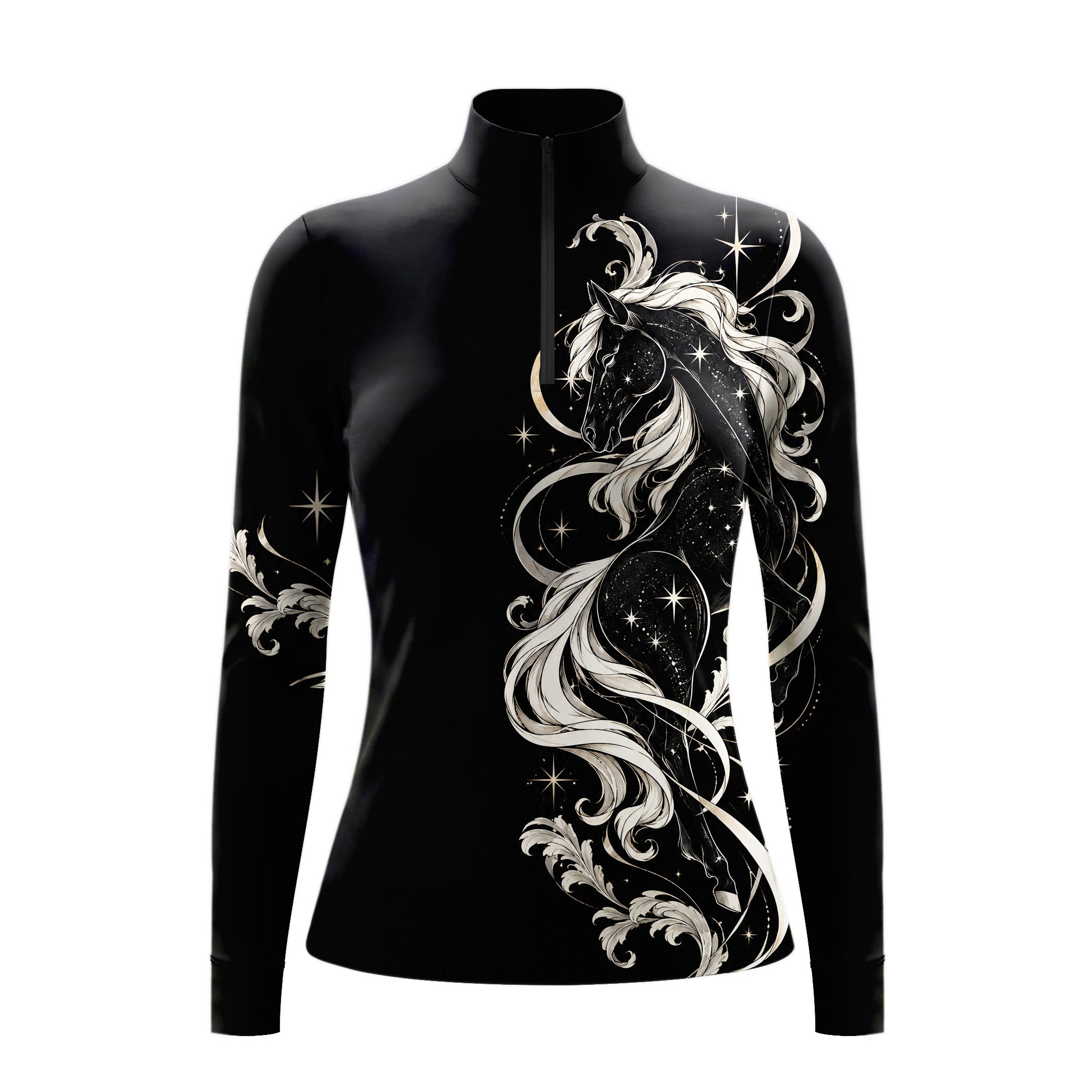 Studio front view of the black riding top displaying the full celestial horse print