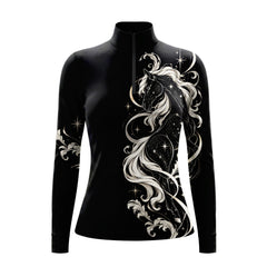 Studio front view of the black riding top displaying the full celestial horse print