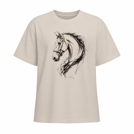 Beige short sleeve t shirt with black ink brushstroke horse head graphic centered on chest
