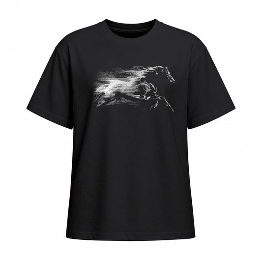 Studio front view of black short sleeve t shirt with white galloping horse chest graphic
