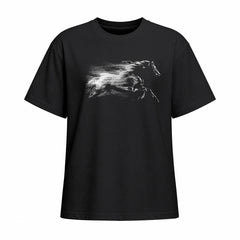 Studio front view of black short sleeve t shirt with white galloping horse chest graphic