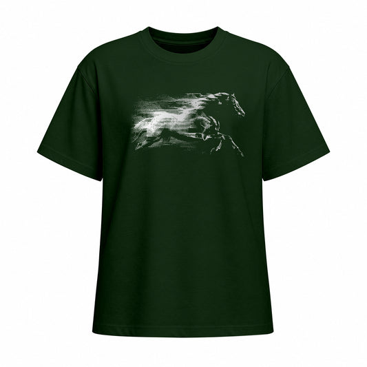 Studio front view of forest green short sleeve t shirt with white galloping horse chest graphic