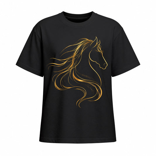 Studio front view of black short sleeve t shirt with gold line art horse head graphic
