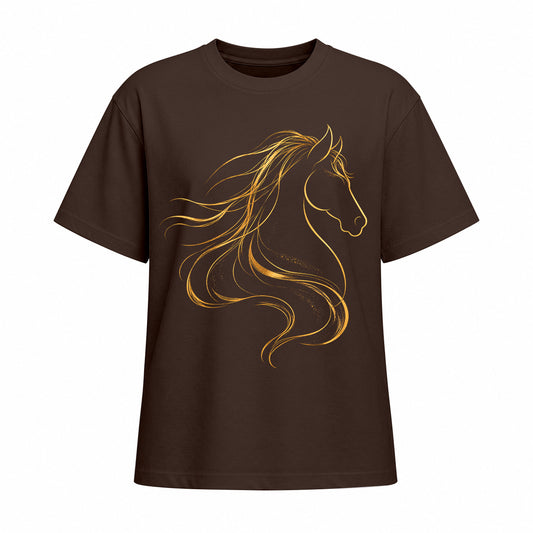 Studio front view of chocolate brown short sleeve t shirt with gold line art horse head graphic
