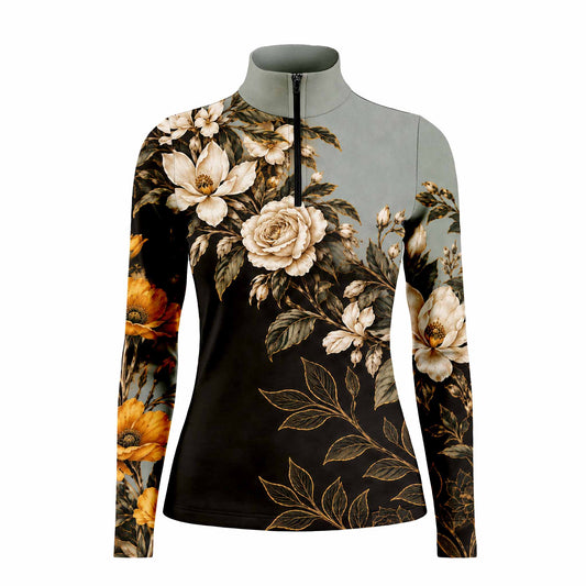 Flat studio front view of the black floral long sleeve quarter zip riding top on a white background