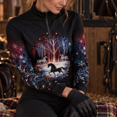 Closeup view of the riding top worn in a barn setting