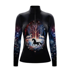 Studio front view of the black long sleeve quarter zip riding top