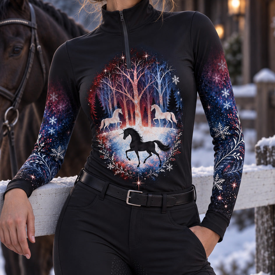 Worn front view of the riding top in a snowy outdoor equestrian setting