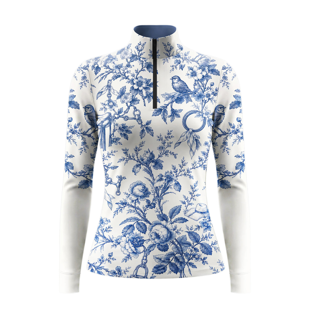 Off white long sleeve quarter zip riding top with a blue floral and equestrian tack print, standing collar and black center front zipper