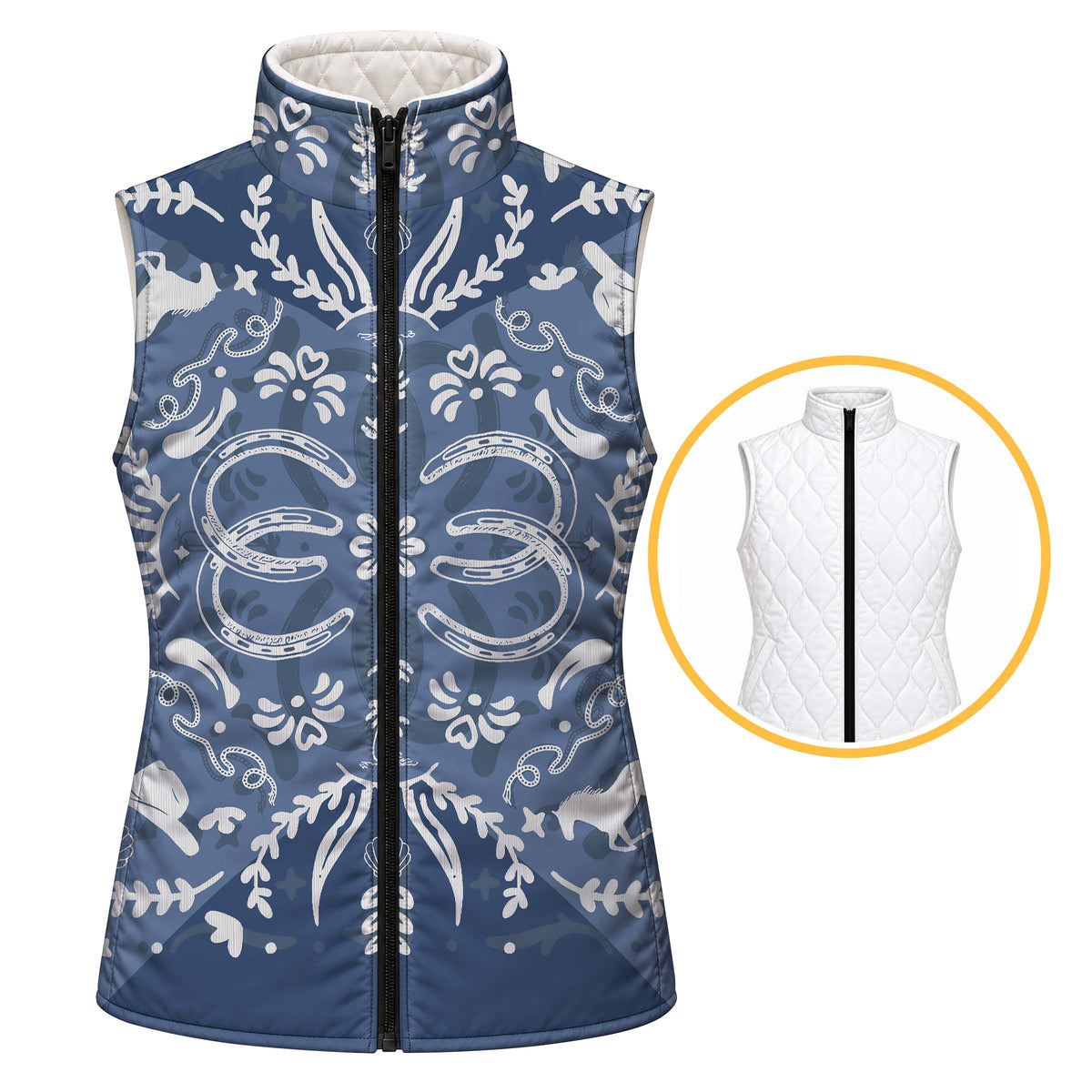 Reversible quilted equestrian vest with blue horse print side and black center front zipper