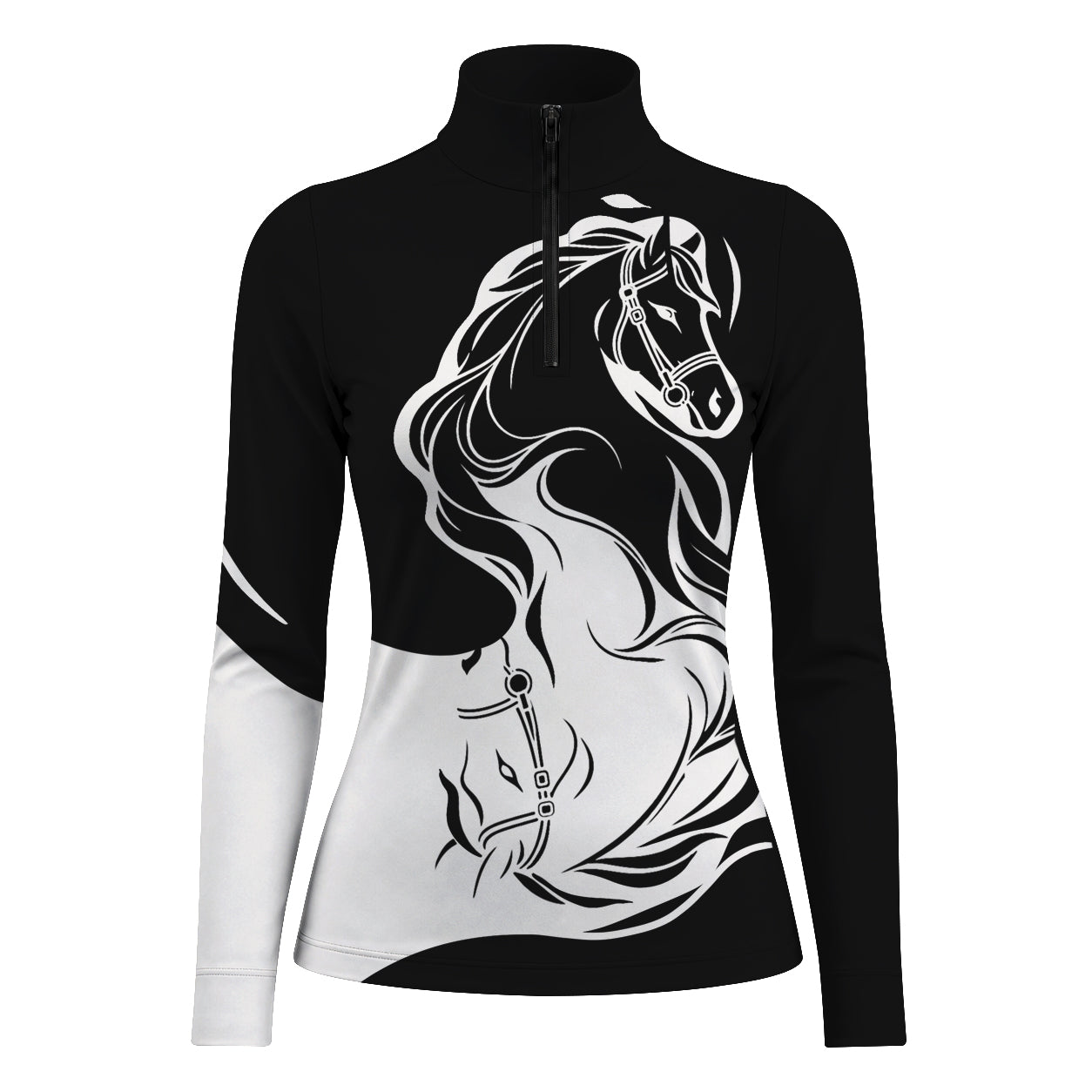Black long sleeve quarter zip riding top with a bridled horse head graphic across the front