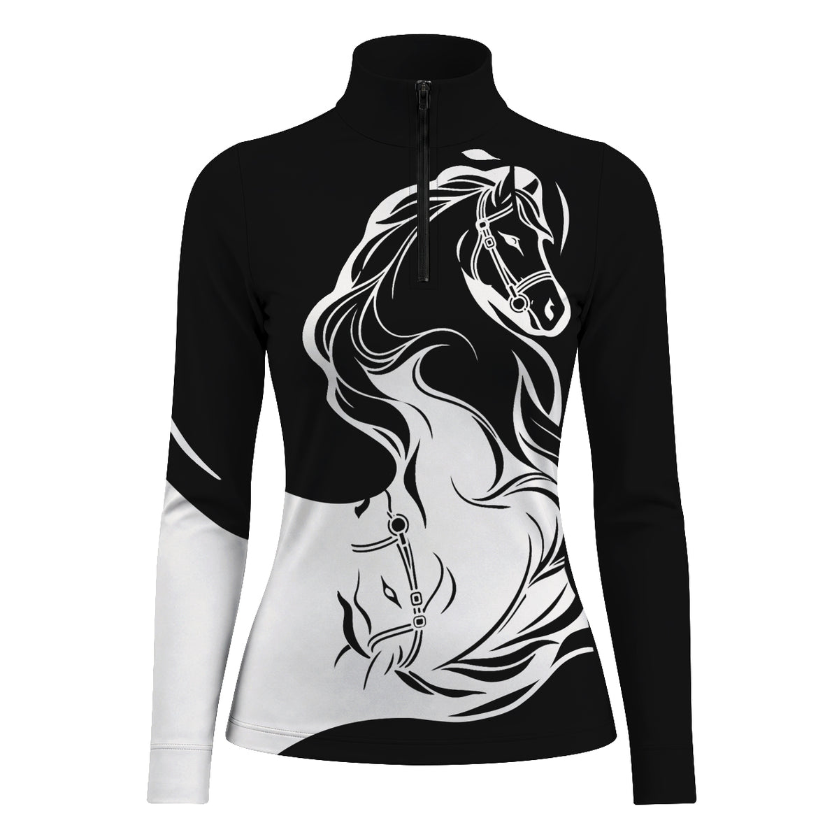 Black long sleeve quarter zip riding top with a bridled horse head graphic across the front