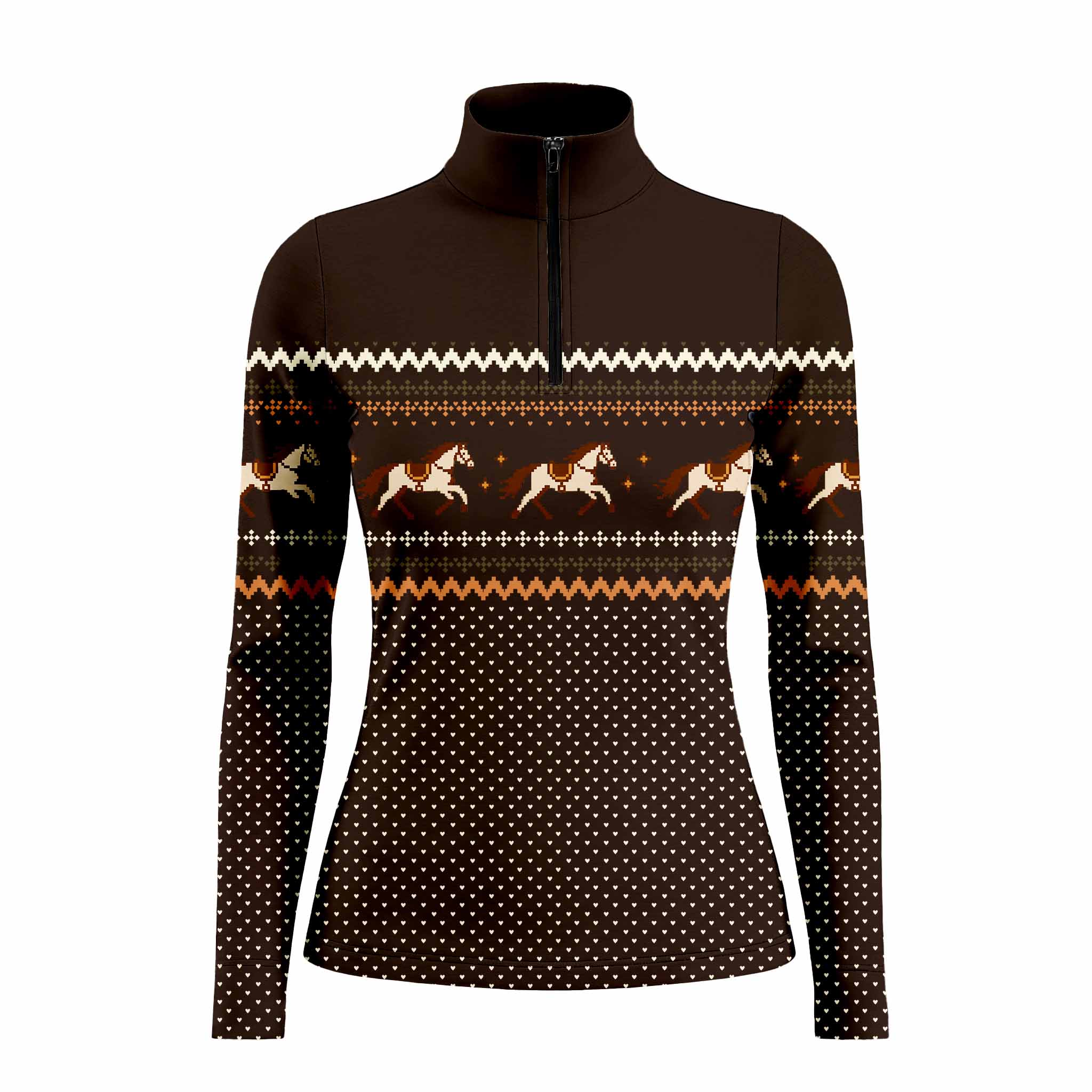 Full front studio view of the brown long sleeve quarter zip riding top
