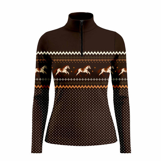 Full front studio view of the brown long sleeve quarter zip riding top