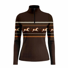 Full front studio view of the brown long sleeve quarter zip riding top