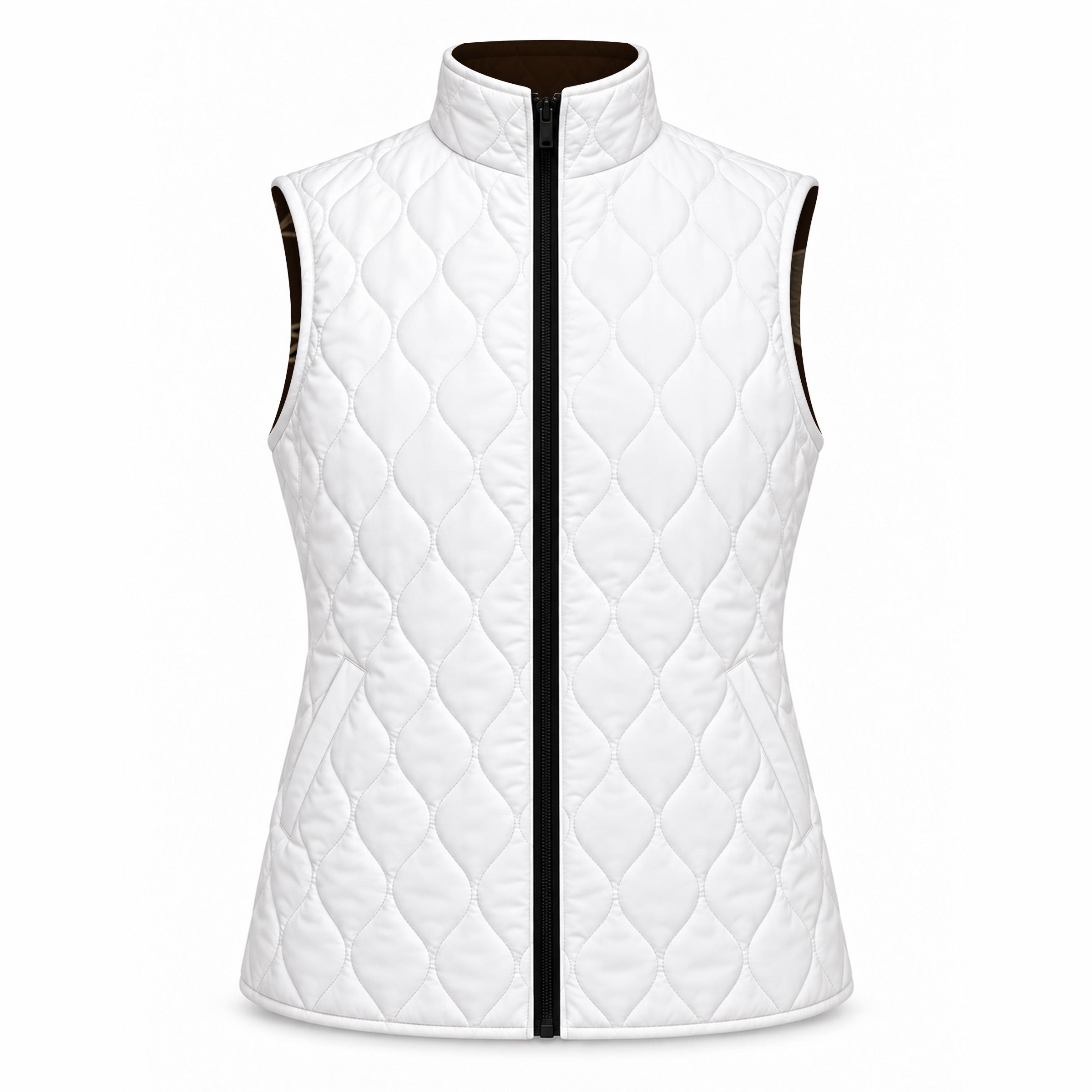 Reverse side of a reversible quilted equestrian vest in solid white with on point diamond quilting, standing collar, full length black front zipper, and two diagonal slit side pockets at hip level