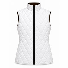 Reverse side of a reversible quilted equestrian vest in solid white with on point diamond quilting, standing collar, full length black front zipper, and two diagonal slit side pockets at hip level