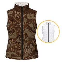 Brown reversible quilted equestrian vest with western horse and floral print, standing collar, and full length black front zipper