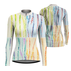 Women Long Sleeve Pastel Rainbow Vertical Dot Streak Cycling Jersey Full Zip Bike Top