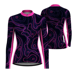 Women Long Sleeve Black Neon Pink Purple Topographic Contour Line Cycling Jersey Full Zip Bike Top