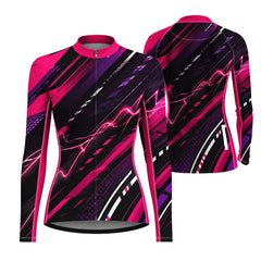 Women Long Sleeve Black Neon Pink Lightning Geometric Racing Cycling Jersey Full Zip Bike Top