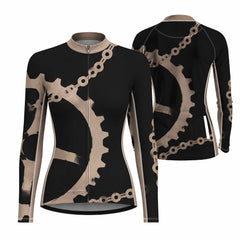 Women Long Sleeve Black Beige Bike Gear Sprocket Chain Cycling Jersey Full Zip Bike Top