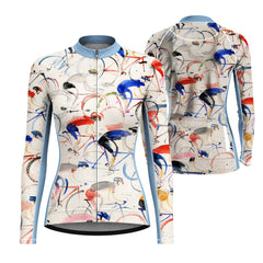 Women Long Sleeve Cream Watercolor Cyclist Rider Print Cycling Jersey Full Zip Bike Top