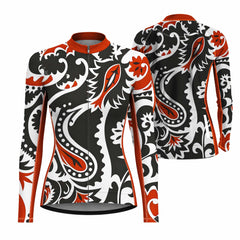 Women Long Sleeve Black White Rust Paisley Floral Cycling Jersey Full Zip Bike Top