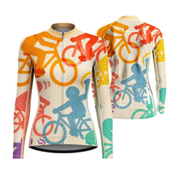 Women Long Sleeve Colorful Watercolor Cyclist Print Cycling Jersey Full Zip Bike Top