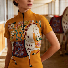 Mustard Yellow Folk Art Spotted White Horse Floral Golden Berry Tree Full Front Print Short-Sleeve Quarter-Zip Riding Top