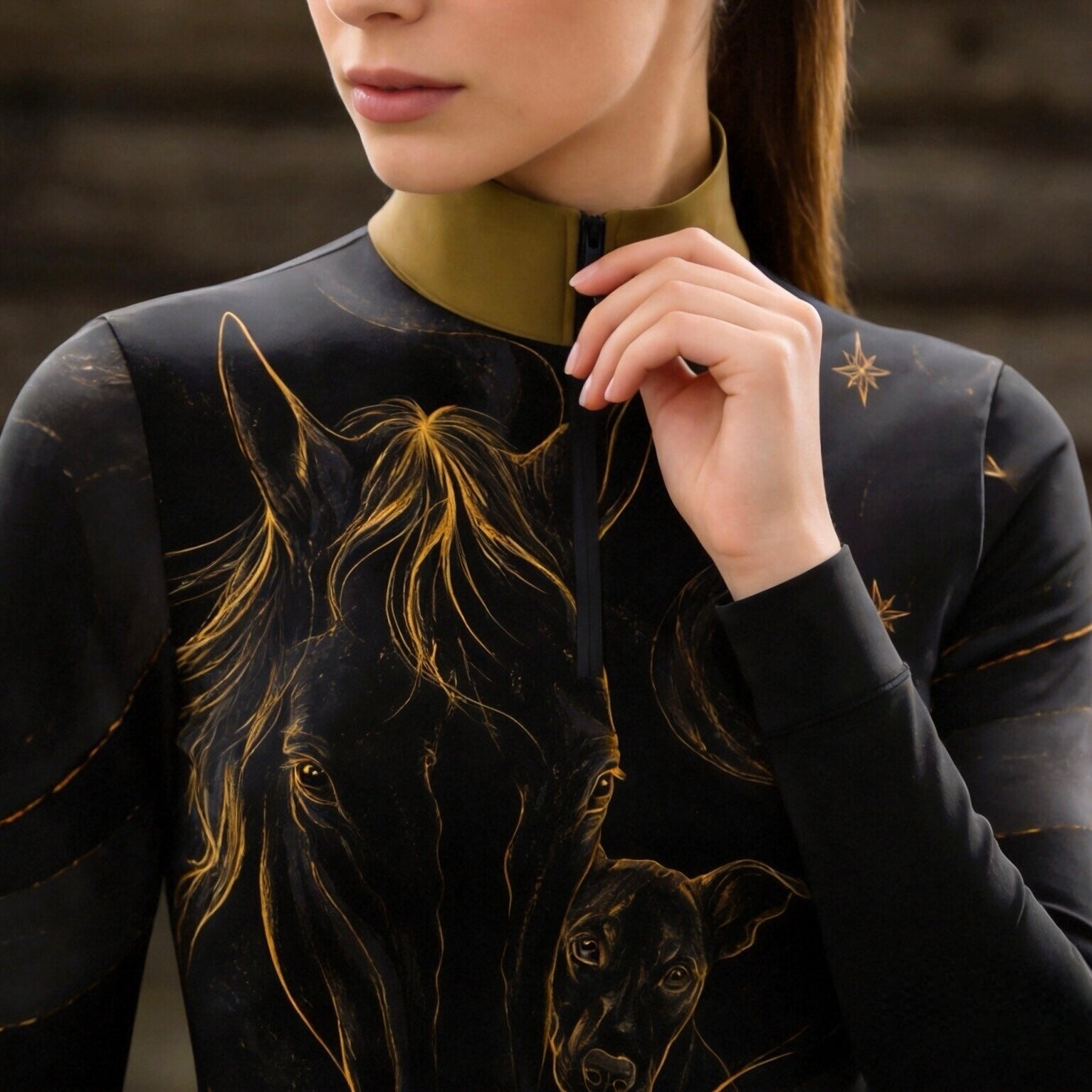 Close‑up detail shot of female model adjusting zipper on black long‑sleeve riding top with gold stand collar and golden horse‑whippet celestial print