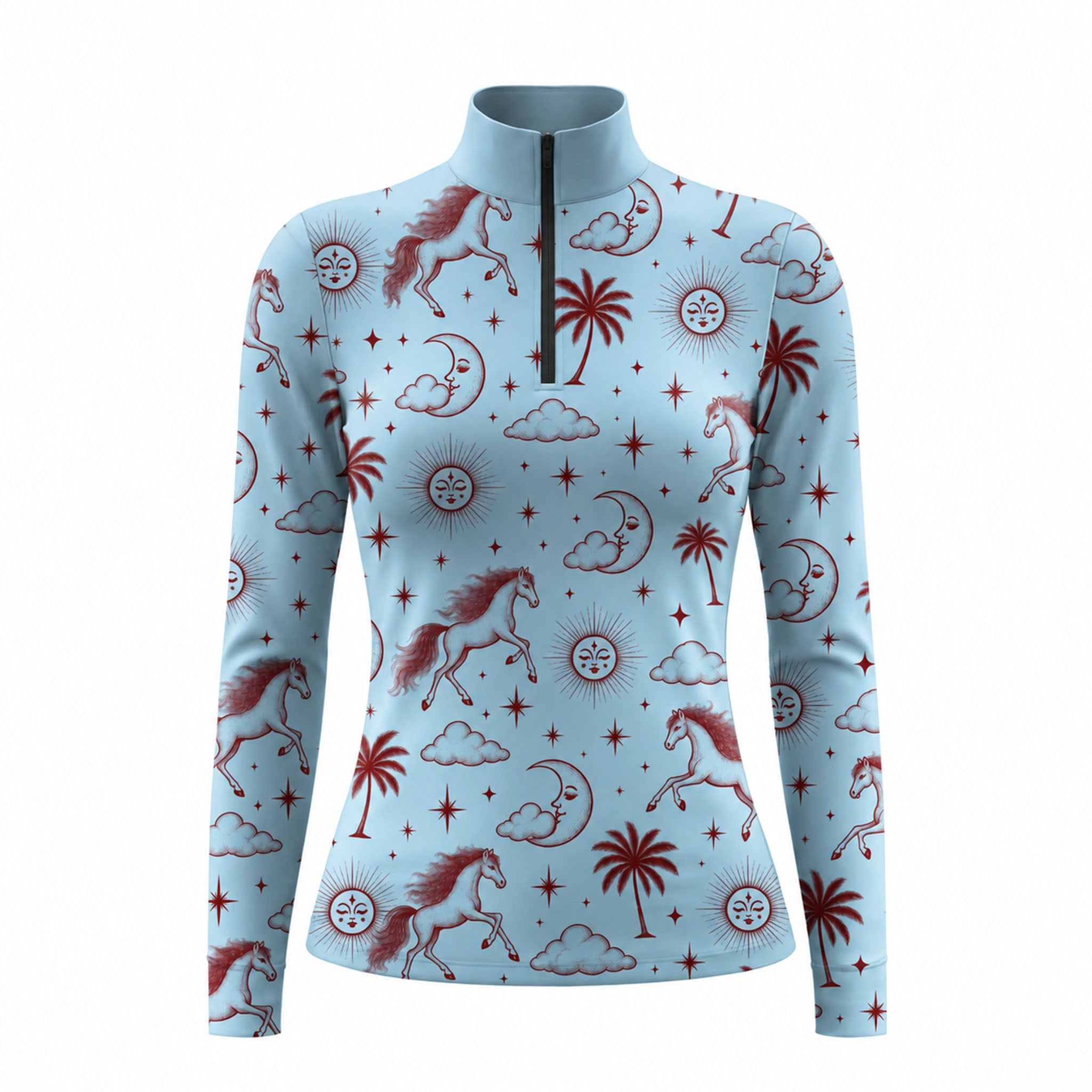 Light blue long sleeve quarter zip riding top with dark red and white celestial horse print