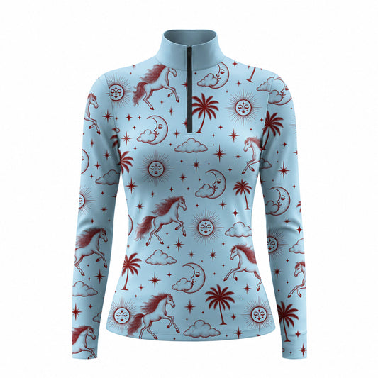 Light blue long sleeve quarter zip riding top with dark red and white celestial horse print