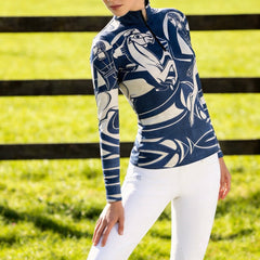 Black White Art Deco Cubist Equestrian Rider Horse Print Long-Sleeve Quarter-Zip Riding Top