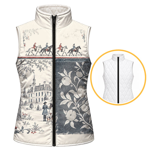 Reversible quilted equestrian vest with printed chateau and riders side facing up