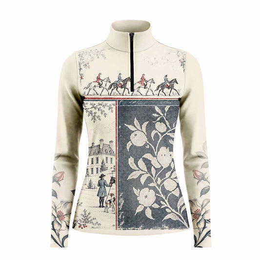 Long sleeve quarter zip riding top in light beige with equestrian and floral print artwork